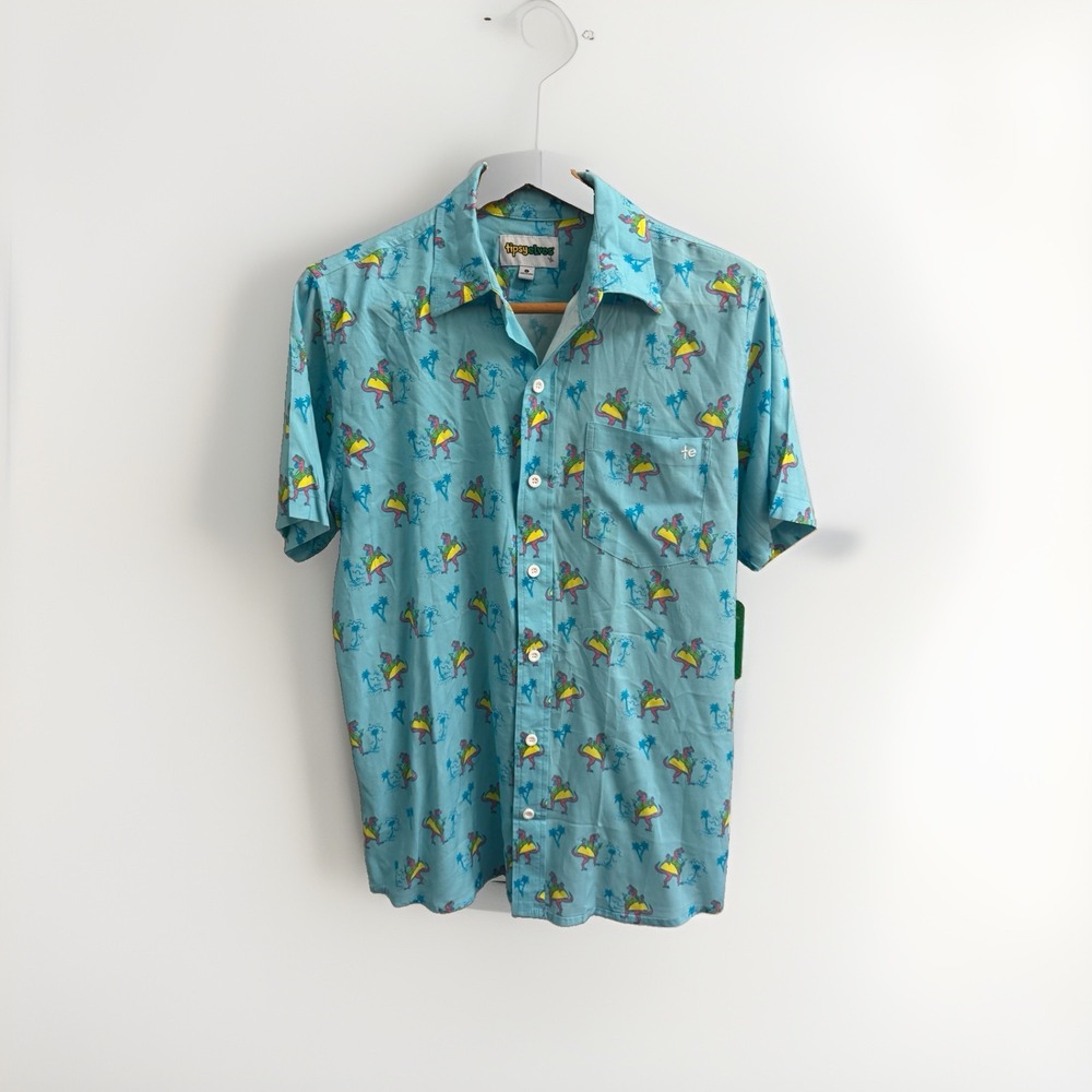 Tipsy Elves Shirt Mens Small Blue Tacosaurus Hawaiian Button Up Dinosaur Party